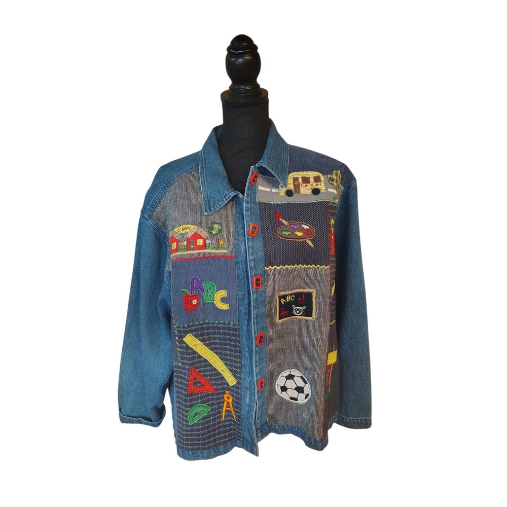 Vintage 90s Lifestyle Kitschy Embroidered Denim Jacket XL School Teacher Core